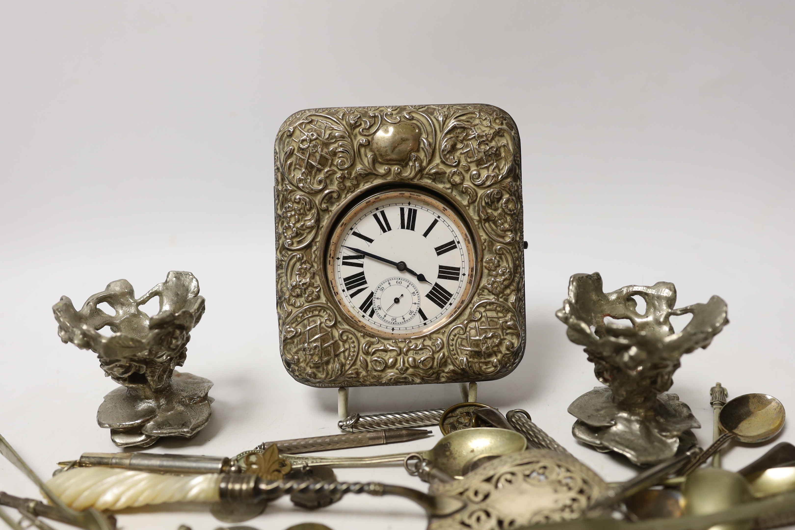 An Edwardian silver mounted travelling watch case, Birmingham, 1903, 11.4cm, and other items including plated flatware, coins and a group of propelling pencils including Sampson Mordan & Co, etc.